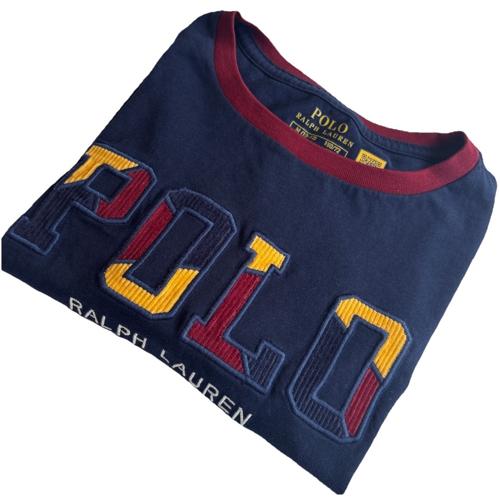 Polo Ralph Lauren Spellout Corduroy Block Letter Navy Tshirt Boy's MEDIUM 10-12
